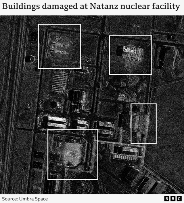 An annotated satellite image showing four buildings damaged at Natanz nuclear site in Iran