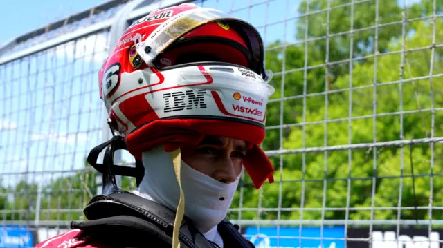 Ferrari's Charles Leclerc with his helmet half off his head after crashing during Canadian Grand Prix first practice
