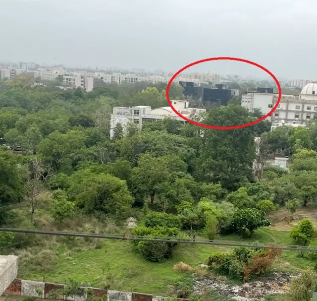 An aerial view of the building where the plane crashed