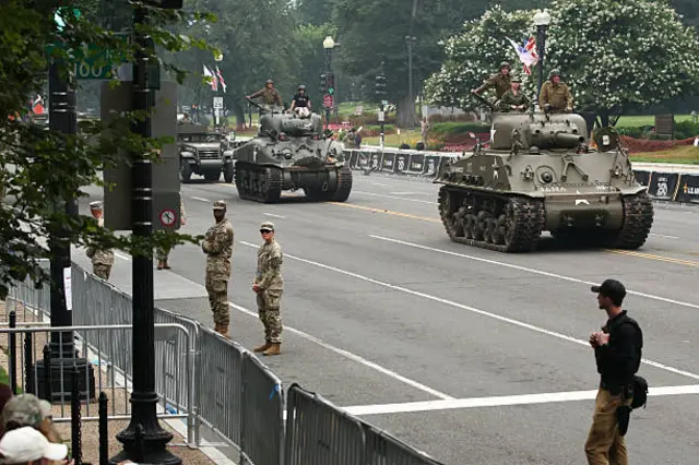 Members of the U.S Army driving in a Sherman tank participate in the 250th birthday parade