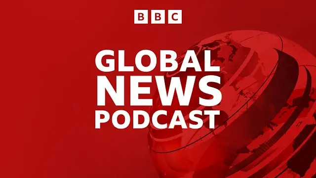 the global news podcast title card is shown on a red background with a red globe seen behind.