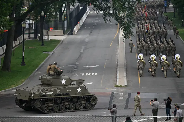 A tank rolls past during the Army 250th Anniversary Parade