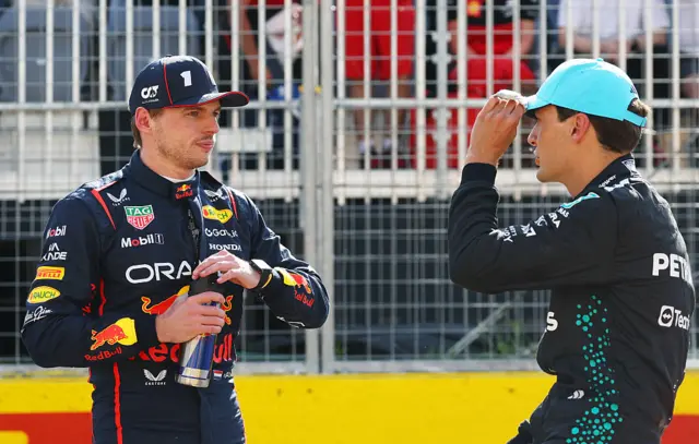 Max Verstappen speaking to George Russell after qualifying for the Canadian Grand Prix