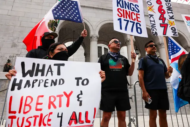 A woman wearing a partial face mask holds a sign that reads "What happened to liberty and justice for all. Three men holding signs stand near her."
