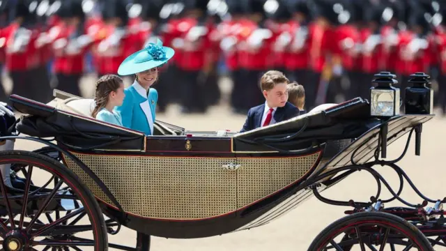 Catherine in a green jacket and hat, sits alongside George, Louis and Charlotte.