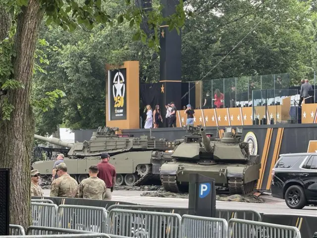 Two Abrams tanks on display