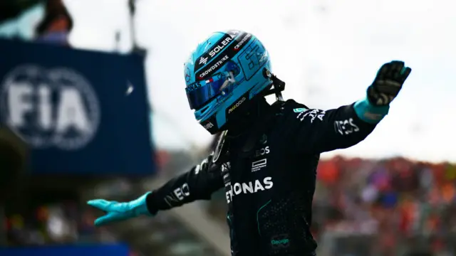 George Russell makes his T-pose after claiming pole in Canada in 2024