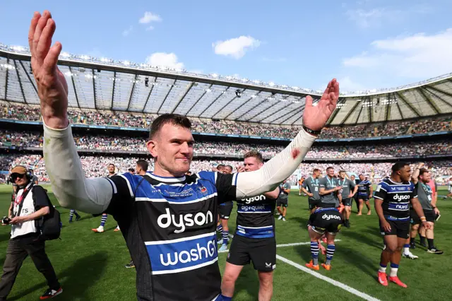 Bath captain Ben Spencer celebrates his side's Premiership title win
