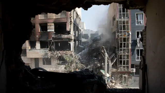 The view from a living room of a residential building that was destroyed in an attack by Israel on June 13, 2025 in Tehran, Iran