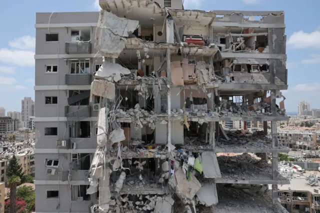 A partially collapsed residential building after Iranian missiles hit Bat Yam