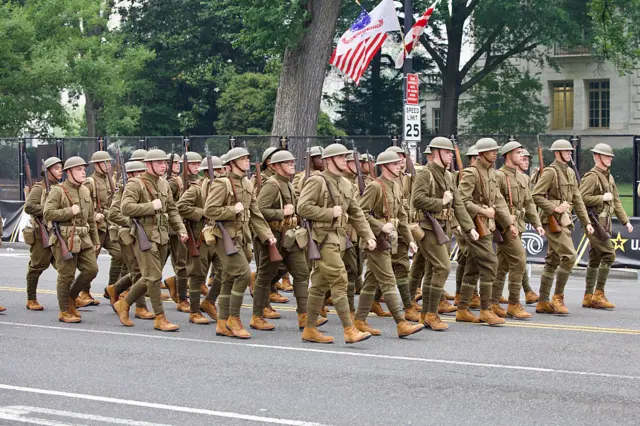 US soldiers dressed in period uniform march in Washington DC
