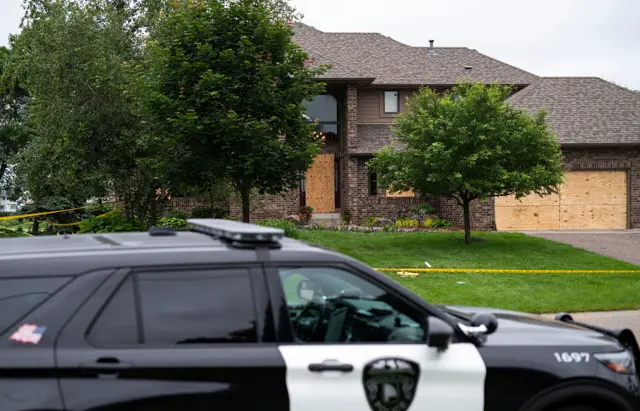 Damage is seen outside Minnesota Representative Melissa Hortman's home, where she was shot and killed