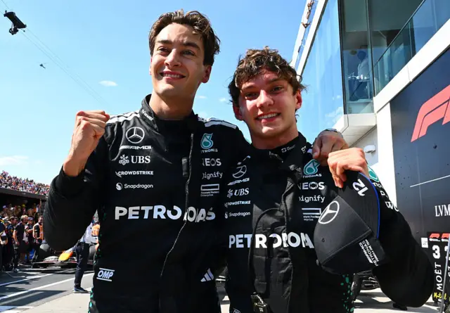 George Russell and kimi Antonelli celebrate
