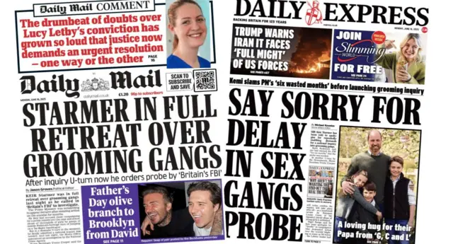 A composite of two newspaper front pages - the Mail and the Express - with grooming gangs stories as the main headlines