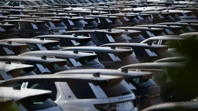 New cars lined up at the Jaguar Land Rover Halewood plant in Liverpool, Britain, 25 February 2025.