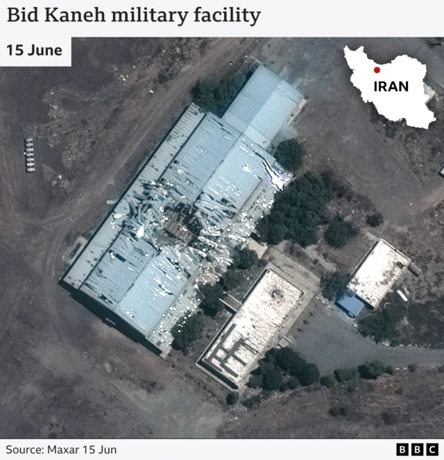 Satellite image of Bid Kaneh military facility in Iran showing damage to the roof of a large building.