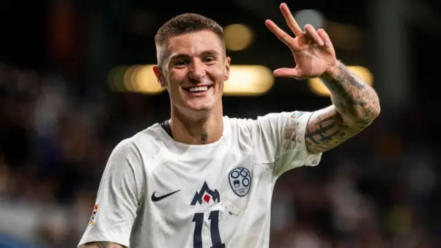 Benjamin Sesko of Slovenia celebrates a hat-trick