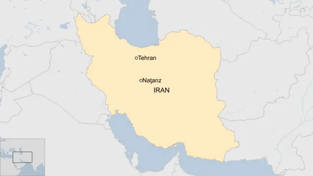 Map showing Iran, Natanz in the centre of the country and Tehran further north