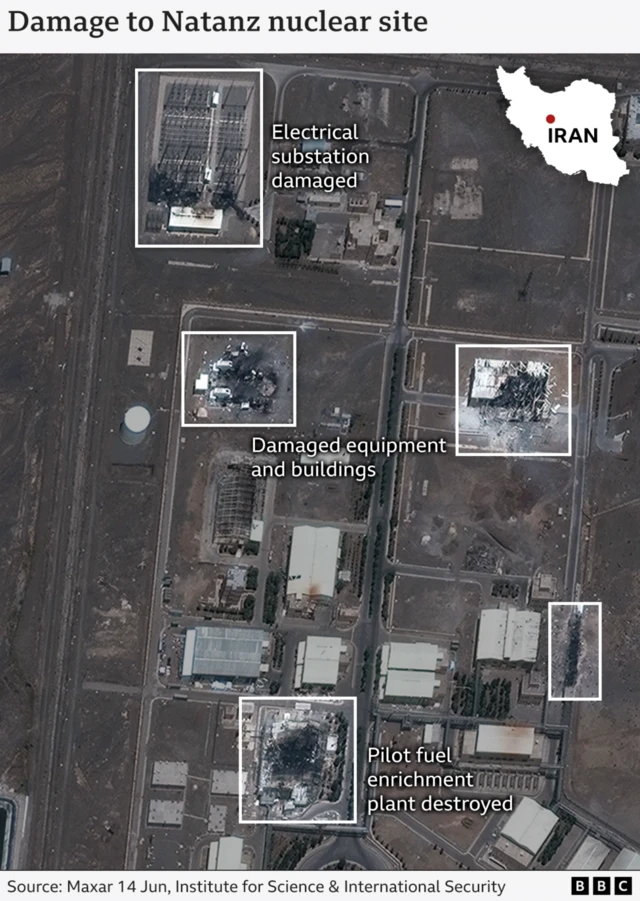 A satellite graphic shows damage to the Natanz nuclear facility