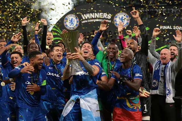 Chelsea with the Conference League trophy
