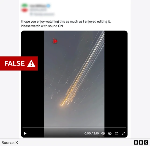 A 'false' image shows a missile streaking through the sky, in a post shared on X