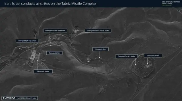 A map shows damage at a military complex in Tabriz, in north-western Iran