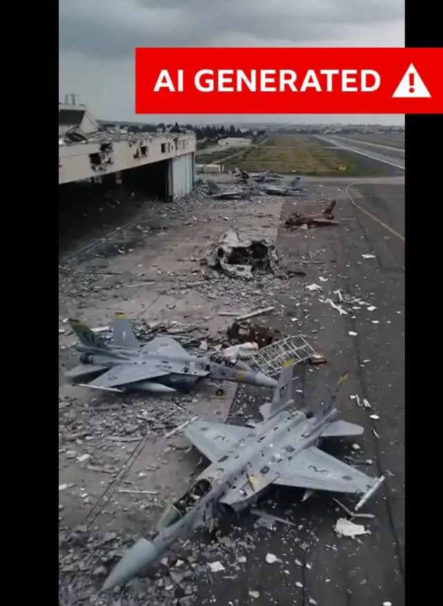 An AI-generated image shows a still of aircraft appearing to be damaged at Israel's Ben Gurion Airport - it has a large label overtop that reads: AI-generated