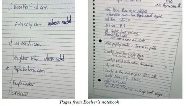A photo of handwritten notes found in the suspect's abandoned SUV