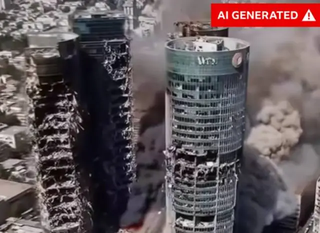 BBC Verify can confirm this screengrab purportedly showing two towers in Tel Aviv that were hit by a missile strike is AI-generated