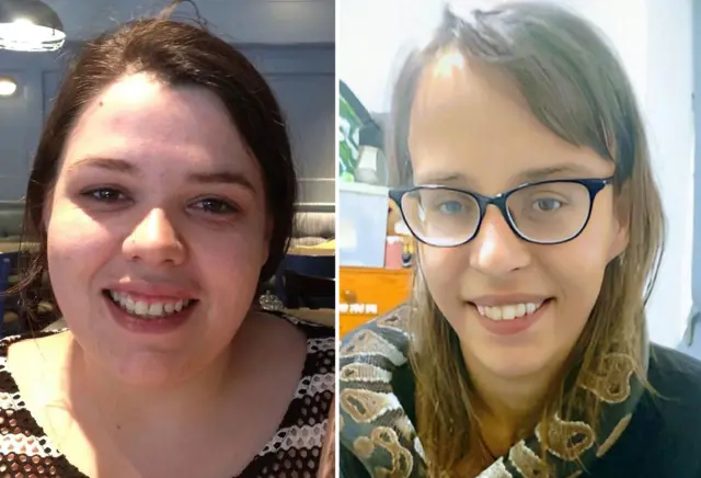 A composite image of both Joanne Pearson and Teohna Grant. Joanne has brown hair and is smiling while wearing a black and white striped top while sat in a restaurant. Teohna has long, light brown hair and glasses with black rims. She is smiling and has a snake around her neck.