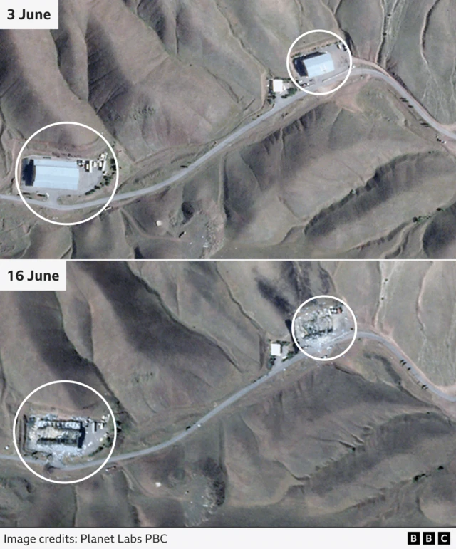 Before and after satellite images showing damage at the Tabriz missile base in Iran