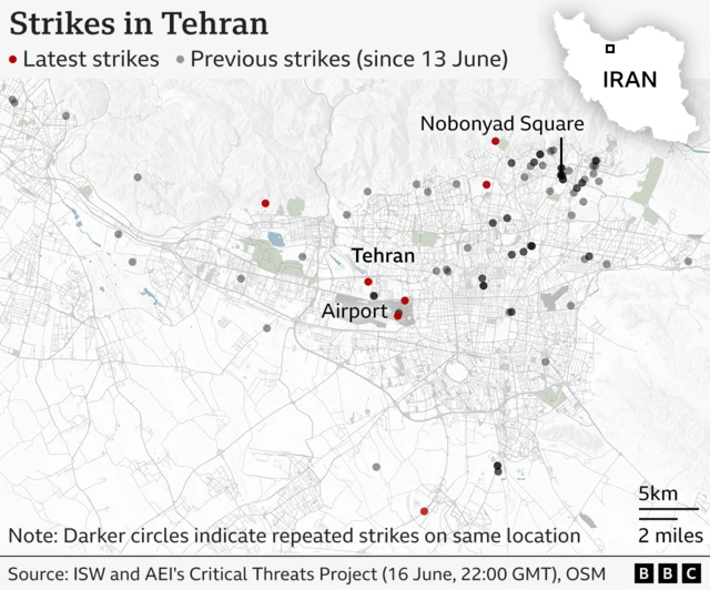 A map of Tehran, marked up with the locations of Israeli strikes