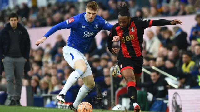 Everton's Jake O'Brien tackles Bournemouth's Antoine Semenyo