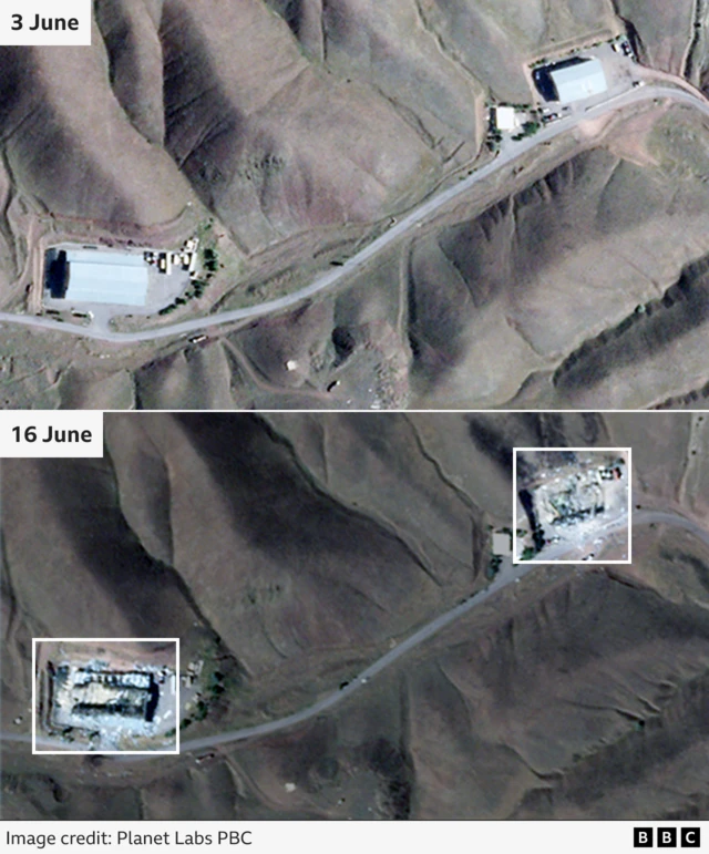The top picture shows the site as seen from space on 3 June - the bottom picture is from 16 June and shows clear damage to the same buildings pictured previously