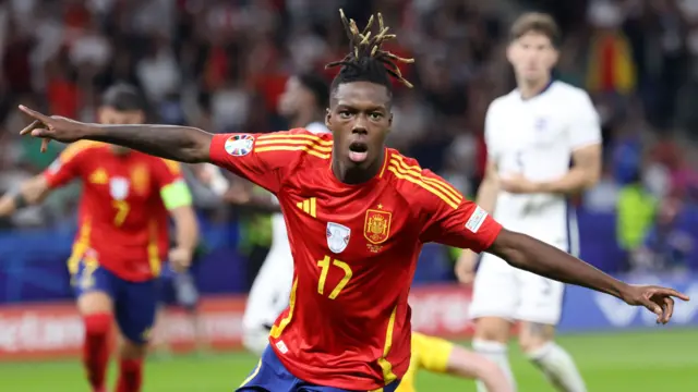 Nico Williams celebrates scoring for Spain against England in the Euro 2024 final