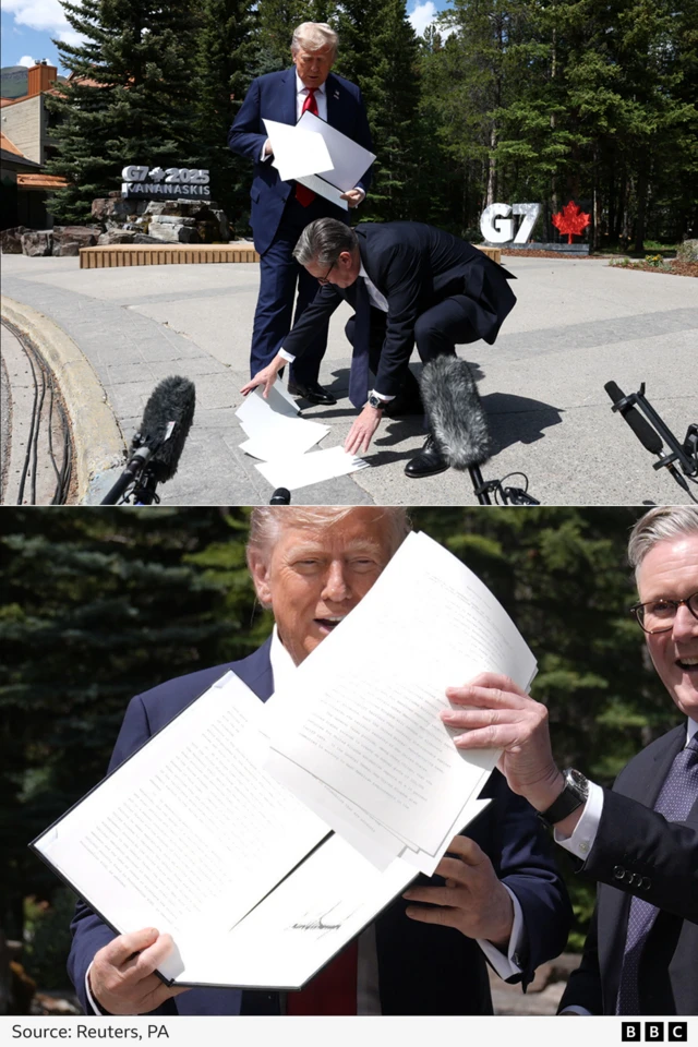 Two pictures from the photo opportunity with Trump and Starmer. In the first one, Starmer is picking papers up off the floor, which look blank. But in the second one you can clearly see faint text.