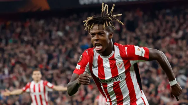 Nico Williams celebrates scoring for Athletic Bilbao against Roma