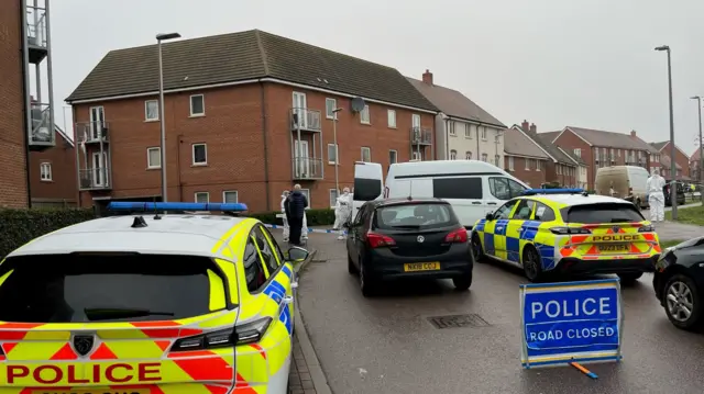 A large police cordon in a residential area. Marked police cars are parked on the road and forensic officers in white suits can be seen walking around.