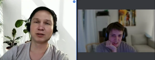Dawid Moczadło, co-founder of Vidoc Security Lab (right) interviews a candidate (left) who appears to be using AI software to disguise their face