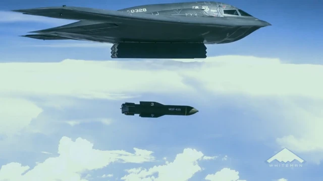 A B-2 Spirit dropping a GBU-57 during a training mission in 2018