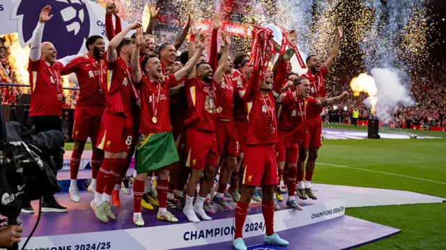 Liverpool players lift Premier League trophy