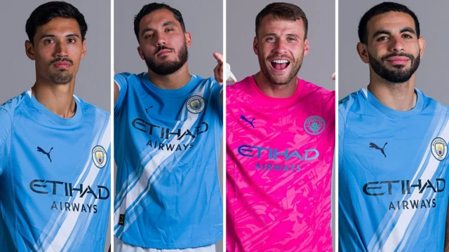 Tijjani Reijnders, Rayan Cherki, Marcus Bettinelli and Rayan Ait-Nouri pose - collated image
