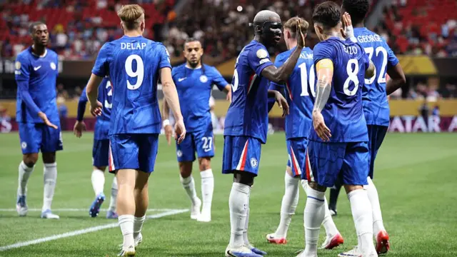 Enzo Fernandez of Chelsea FC celebrates With teammates after scoring