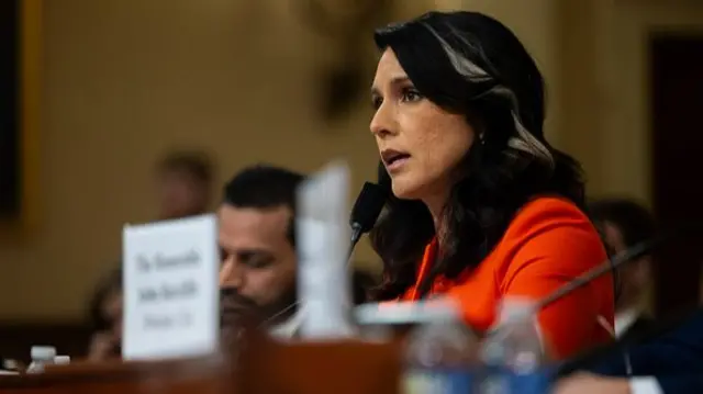 Tulsi Gabbard wearing an orange dress when addressing Congress