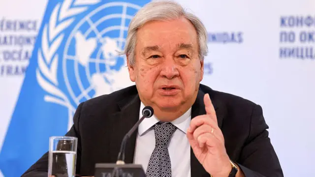 UN Secretary General Antonio Guterres gestures as he addresses the audience during a press conference