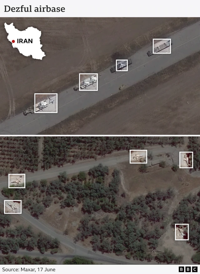 Annotated graphic showing fighter jets and drones at Dezful air base