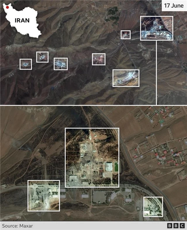 Annotated satellite images of the Tabriz base showing damage that may have been caused by Israeli air strikes