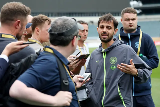 Bernardo Silva of Manchester City FC speaks to the press