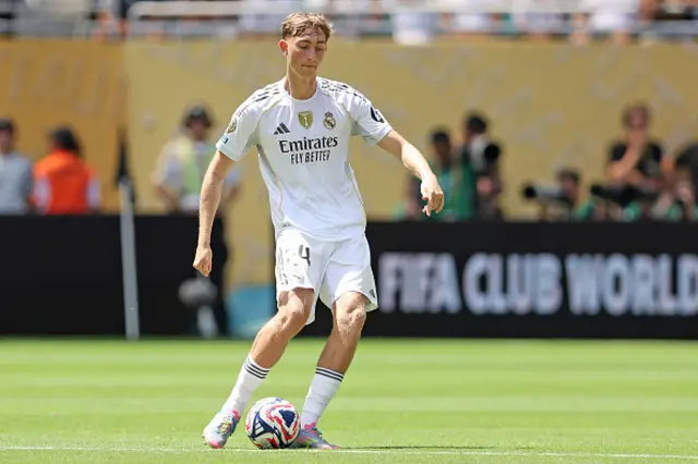 Dean Huijsen #24 of Real Madrid C.F. controls the ball