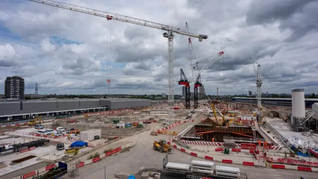 Construction workers during the installation of the first high speed railway platforms for the HS2 project at Old Oak Common station, west London.